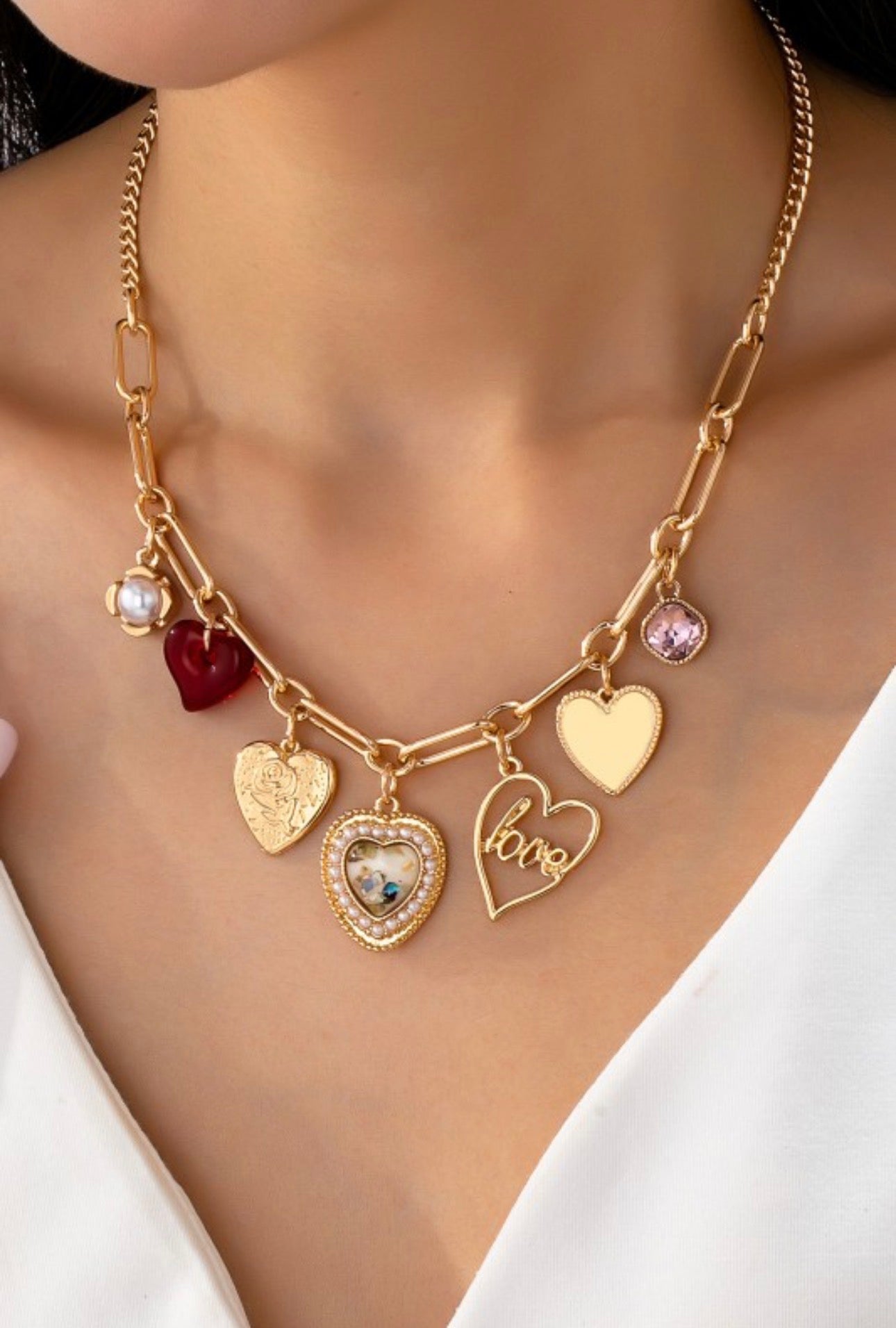 Charm Necklace-porcelain Heart Rhinestone Pearl
