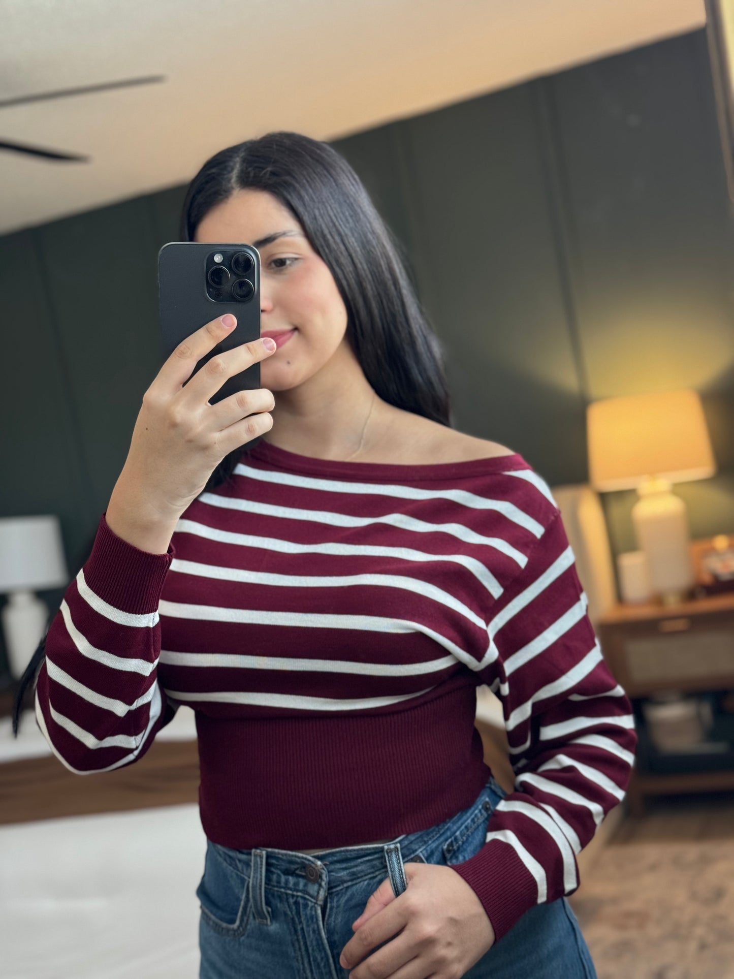 Burgundy Striped wide neck sweater