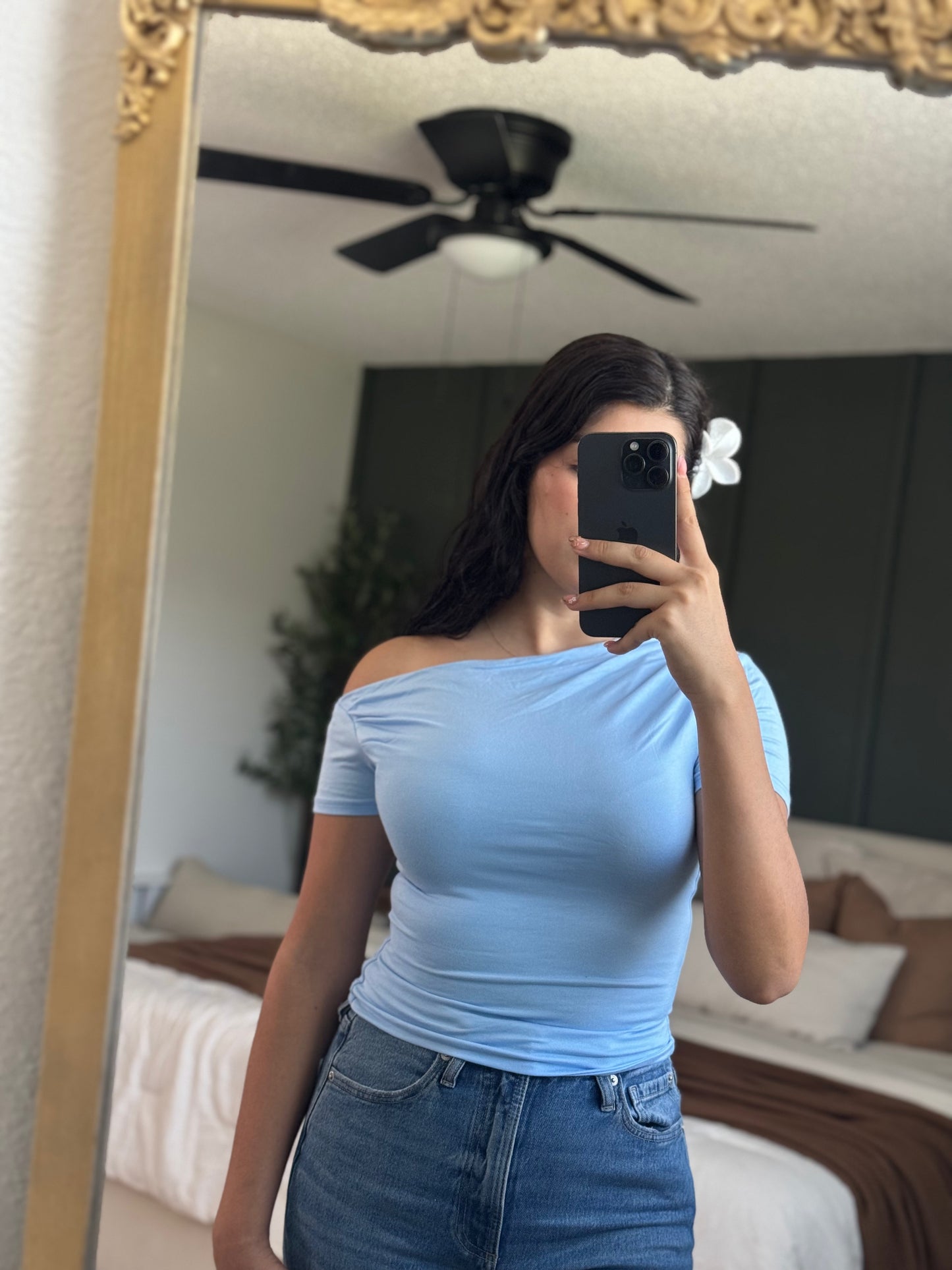 Blue off-the-shoulder top