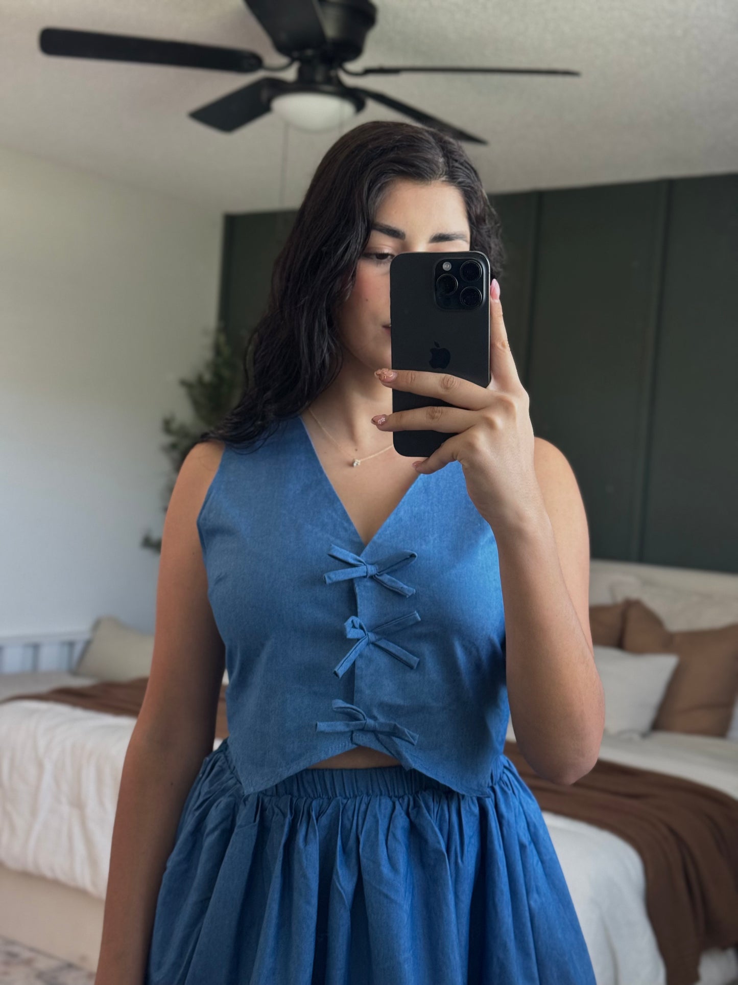 Denim Ribbon Vest And Skirt Set