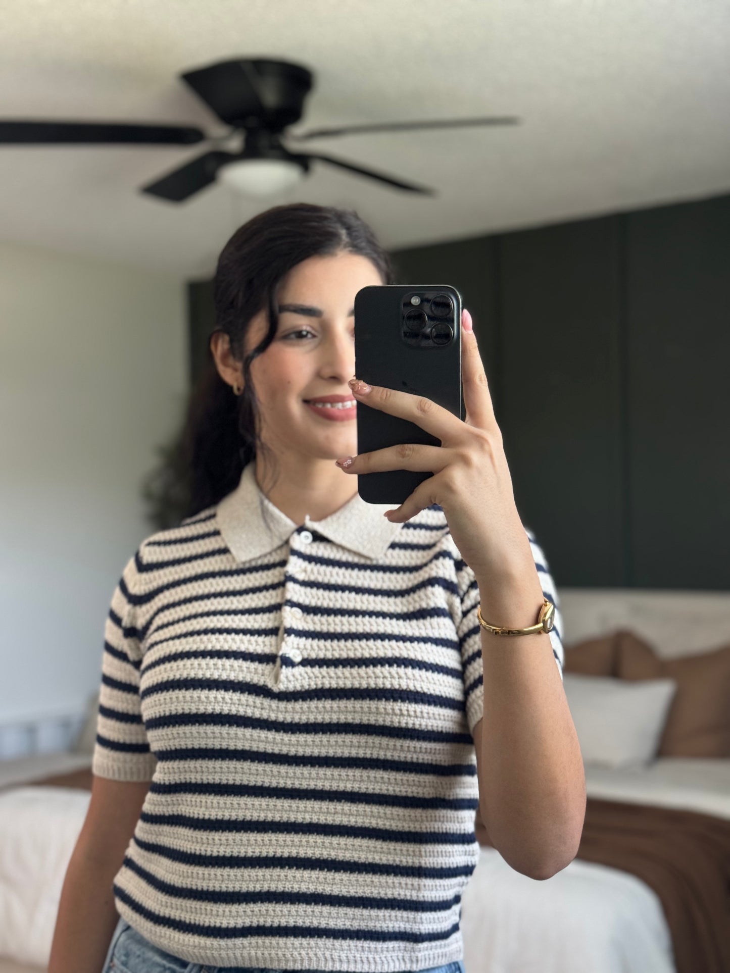 Navy blue and beige polo top