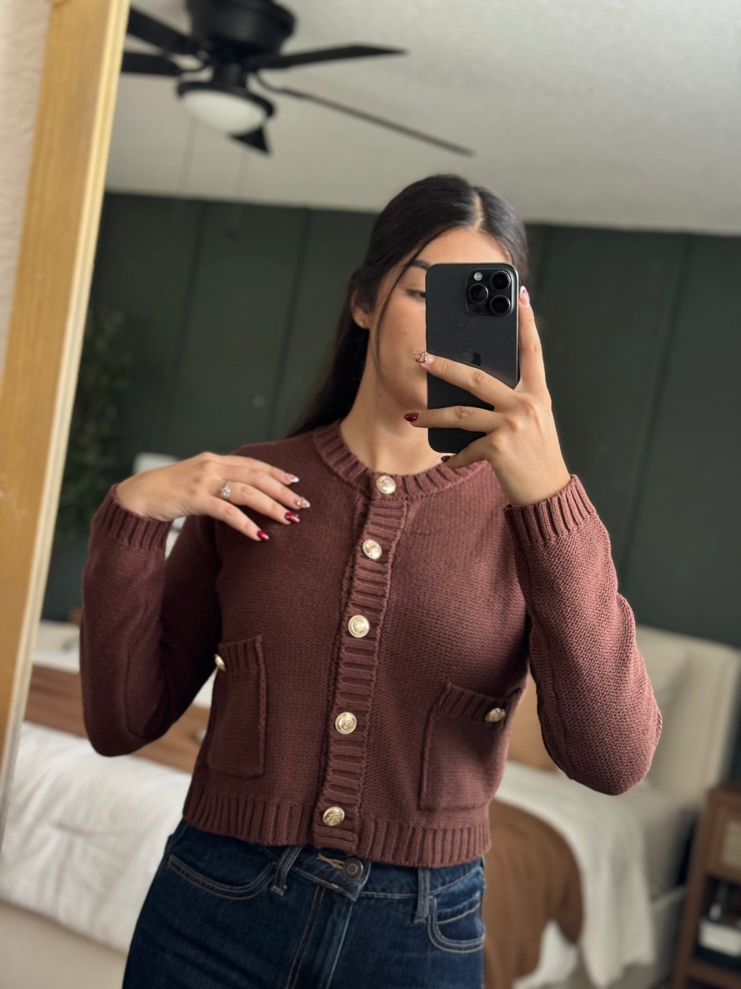Gold Button Ribbed Trim Knit Cardigan Sweater