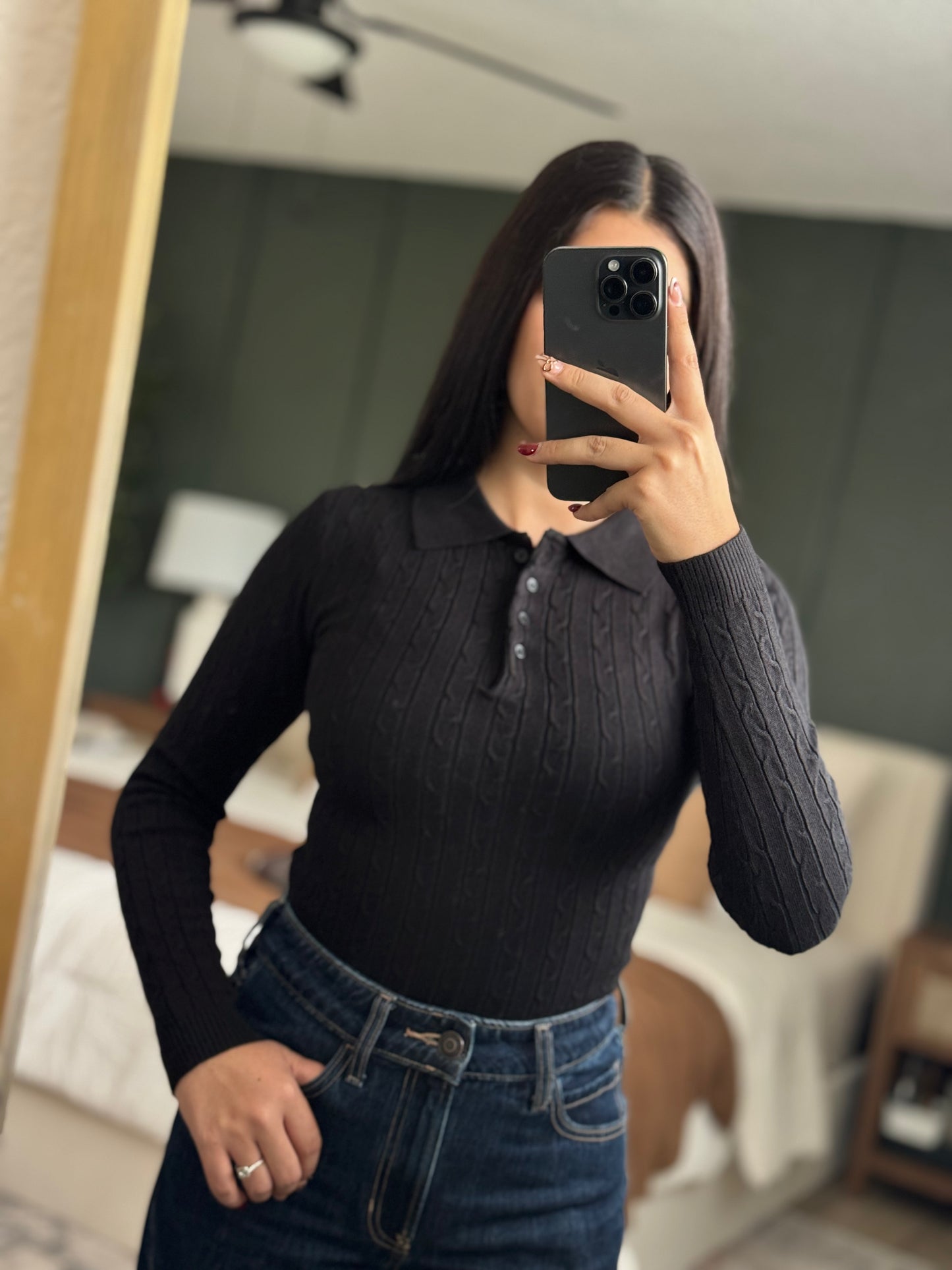 Cable Knit Polo Sweater Top