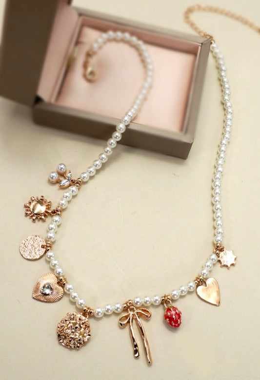 Pearl Beaded Bow Strawberry Cherry Necklace