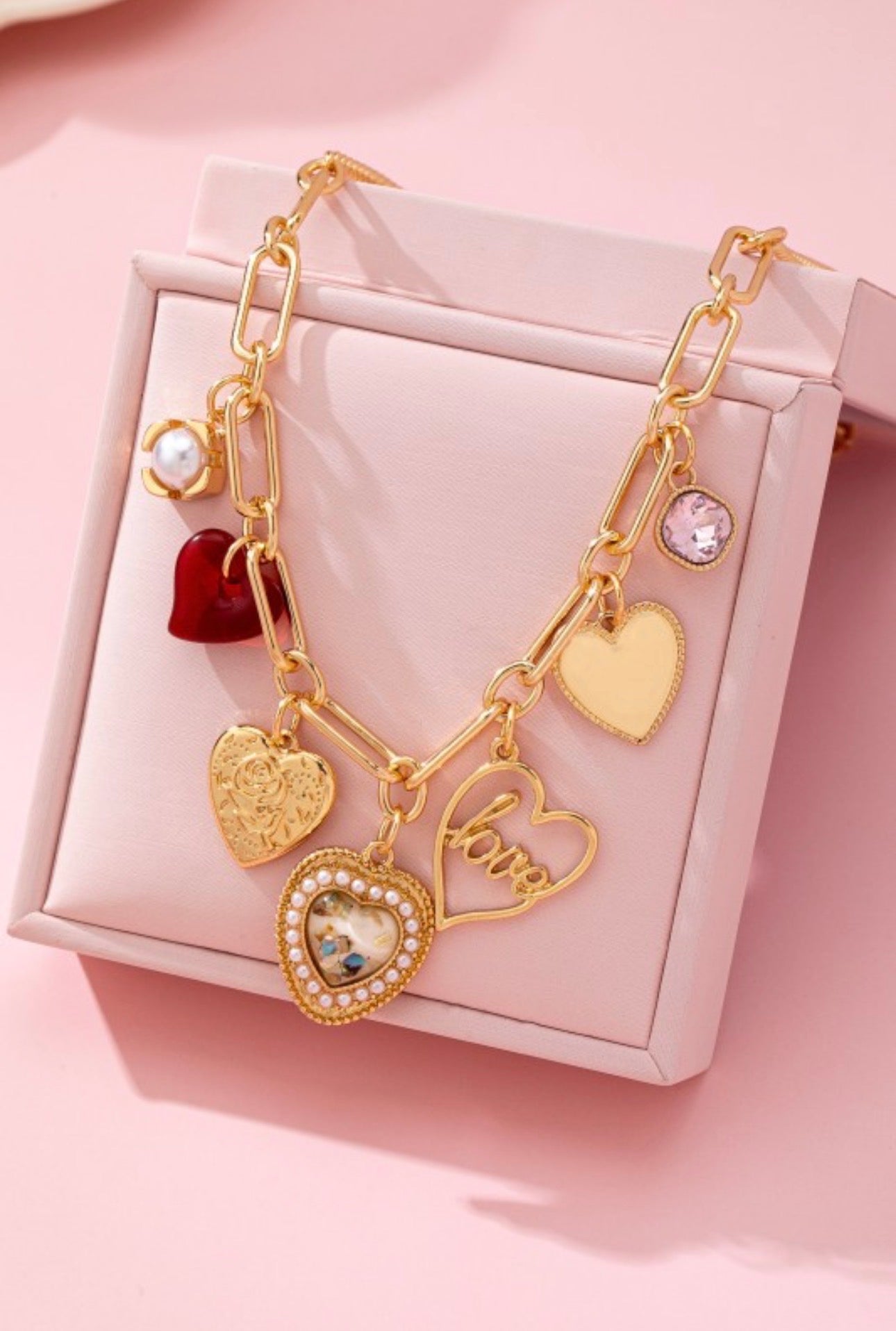 Charm Necklace-porcelain Heart Rhinestone Pearl