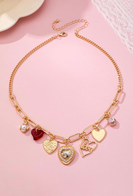 Charm Necklace-porcelain Heart Rhinestone Pearl