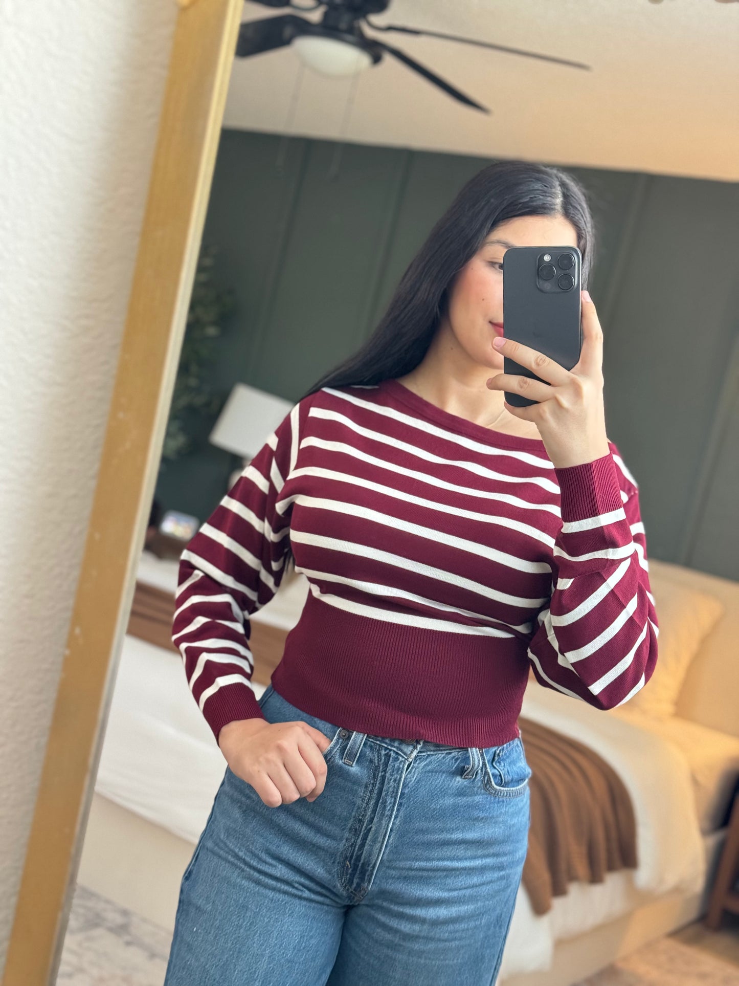 Burgundy Striped wide neck sweater