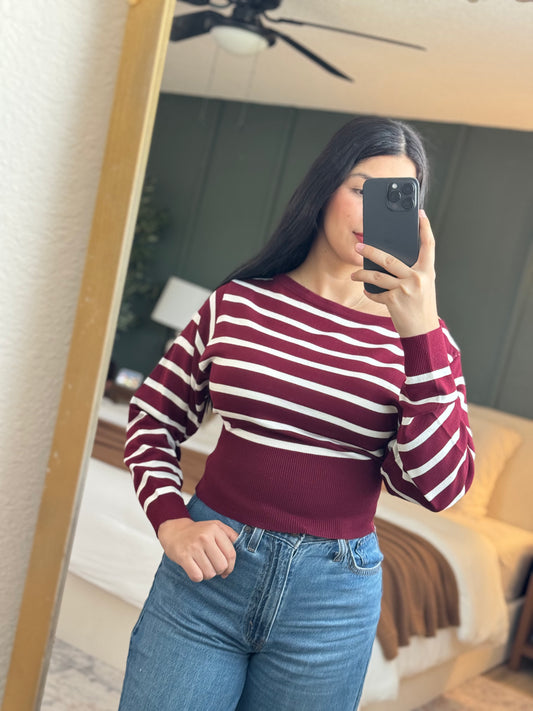 Burgundy Striped wide neck sweater