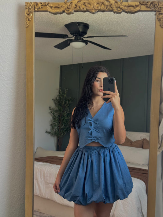 Denim Ribbon Vest And Skirt Set