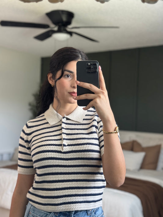 Navy blue and beige polo top