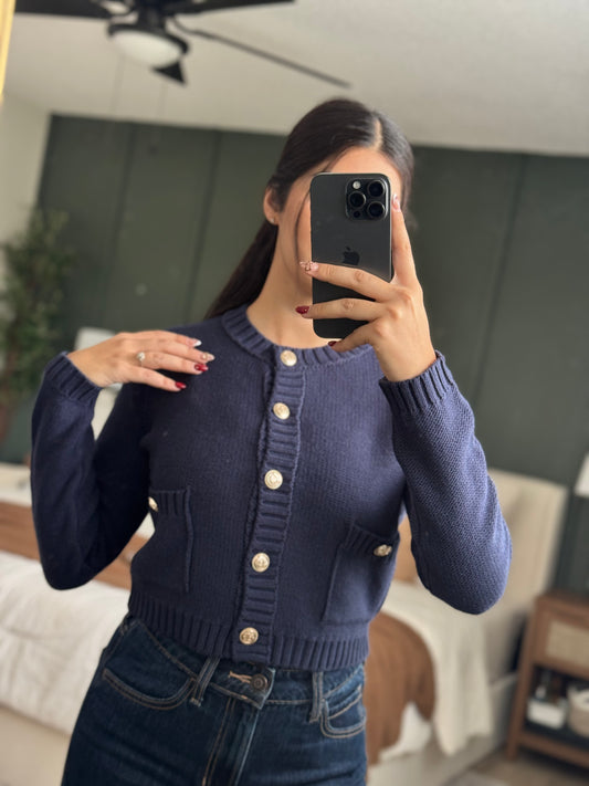 Gold Button Ribbed Trim Knit Cardigan Sweater
