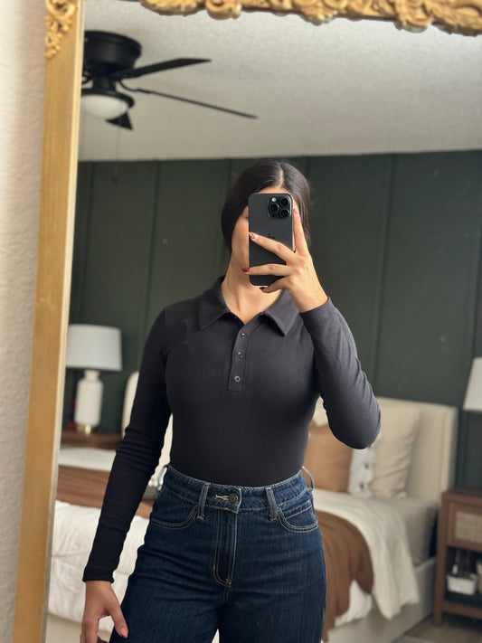 Solid Collared Long Sleeve Bodysuit